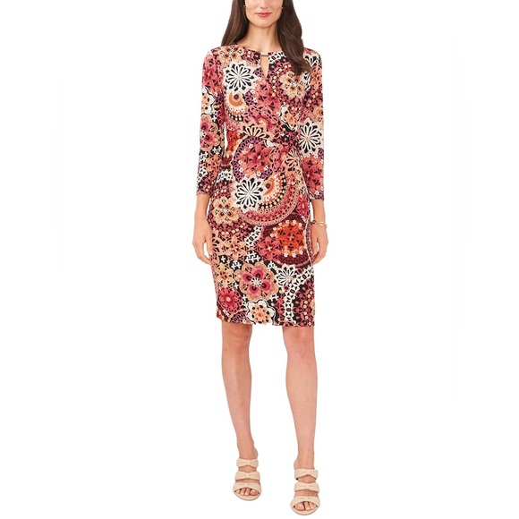 🆕 MSK Dress Women’s Medium Peach Berry Black Floral Faux Wrap NWT NEW - Picture 2 of 13